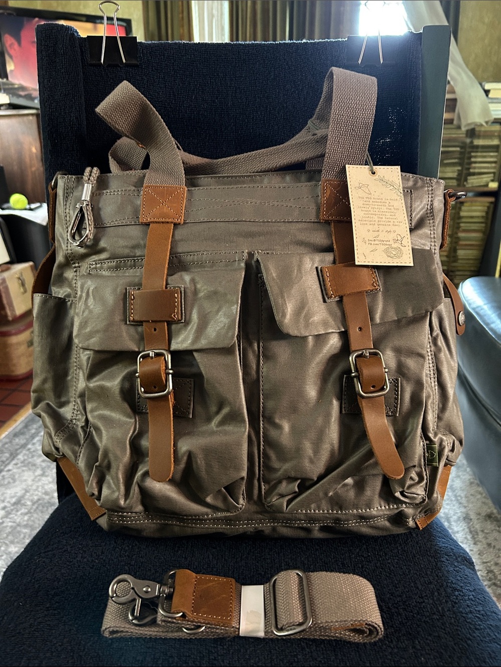 TSD Brand Urban Coated 100% Cotton Canvas Tote Bag w Genuine Leather Trim NWT